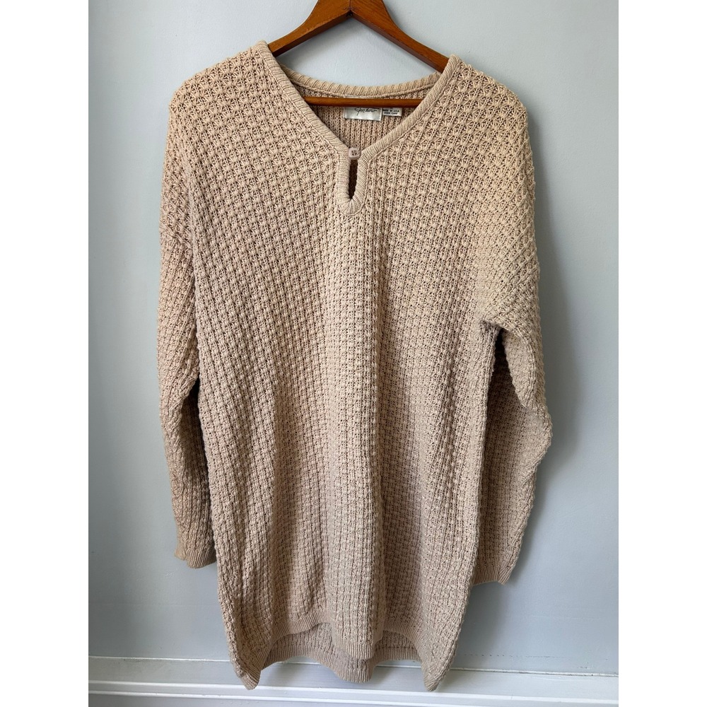 VTG Van Heusen For Her Vintage Cotton Waffle Knit V-Neck Sweater Beige Tan Med